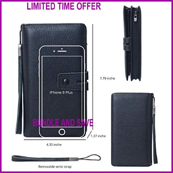 Large RFID Leather Wristlet Wallet Organizer with Phone Pocket - Picture 3 of 7